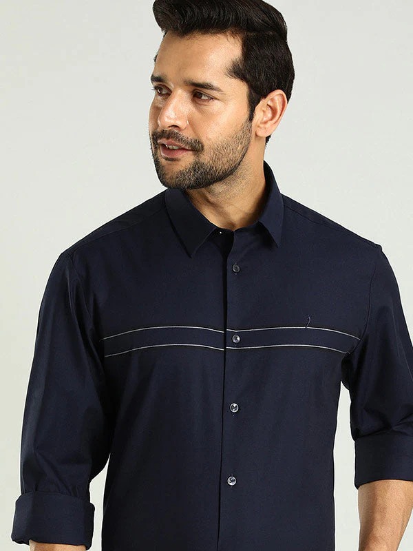 Indian Terrain Men's Regular Fit Full Sleeve Striped Navy Shirt